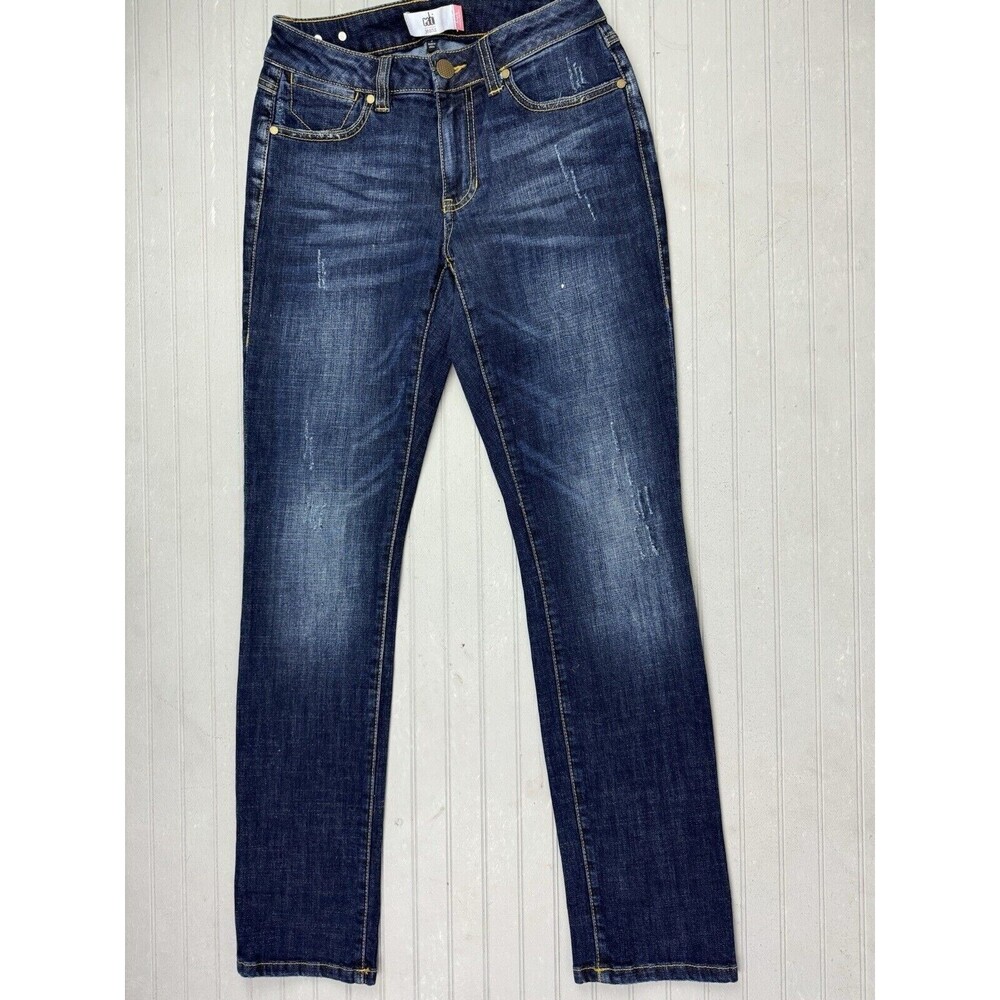 Cabi Size 2 Womens Jeans High Straight Stretch Dark Wash Distress